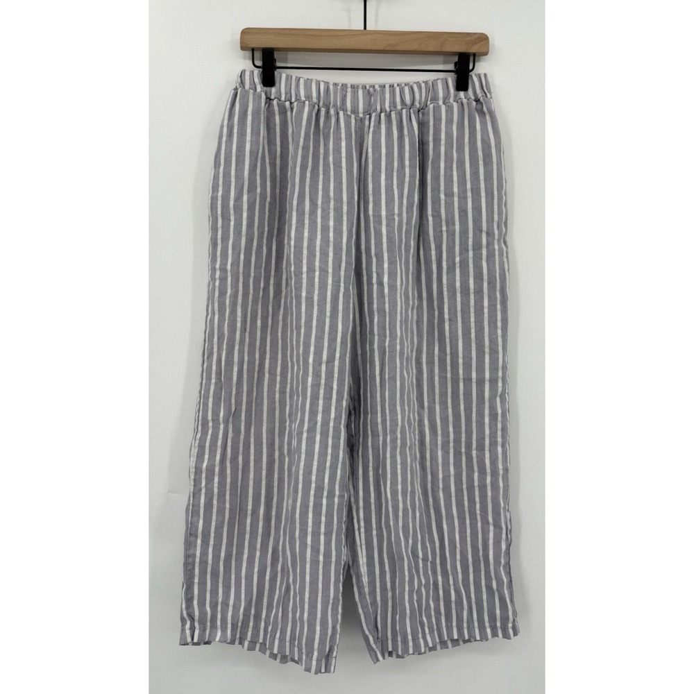 Becasa Pants Womens Blue White Striped Linen‎ Wide Leg Crop Pull On USA One Size